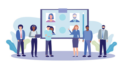 Business team presenting candidate profiles on a board in a meeting environment setting scene