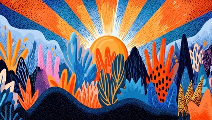 Vibrant sunrise over a whimsical landscape