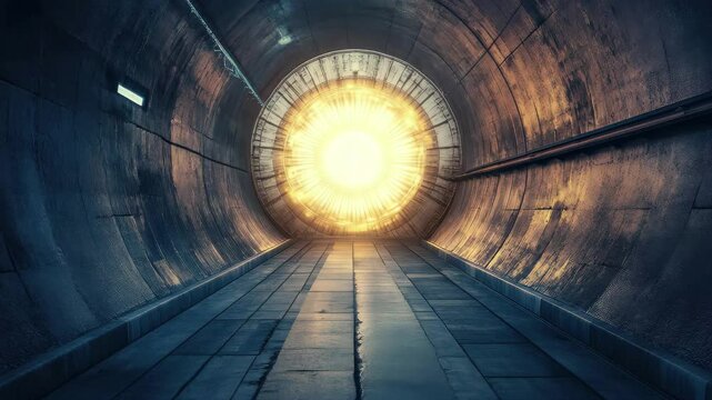 Light emerges from a tunnel showcasing a convergence of shadows and illumination in an industrial setting at dusk