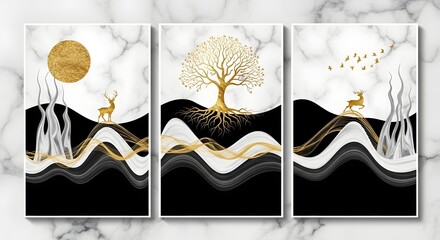 Abstract deer tree art print gold geometric wall art canvas painting nordic poster home decor
