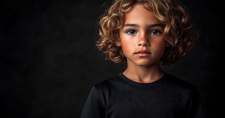 Fototapeta premium Child Portrait Mockup with Curly Hair on Dark Background