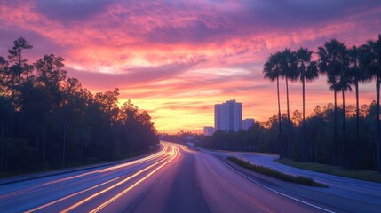 Obraz premium Tropical highway at dawn, showcasing city skyline under vibrant skies