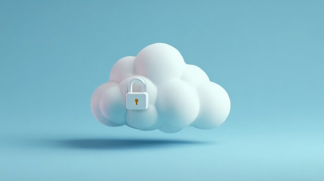 Secure Cloud Computing: A minimalist illustration of a fluffy cloud with a prominent padlock, symbolizing data security and privacy in modern cloud computing.
