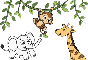 Jungle Animals in Habitat Illustration Set with Forest Background and Wild Creatures. Wildlife and Jungle Animals Living in Natural Habitat for Education and Design Use. Hand Drawn Jungle Animals