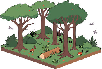 Jungle Animals in Habitat Illustration Set with Forest Background and Wild Creatures. Wildlife and Jungle Animals Living in Natural Habitat for Education and Design Use. Hand Drawn Jungle Animals