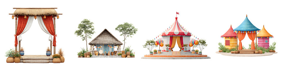 Watercolor Set of Wedding Arches and Circus Tents on White