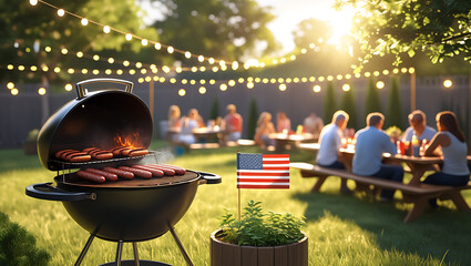 A backyard barbecue scene with people enjoying food and socializing under string lights.