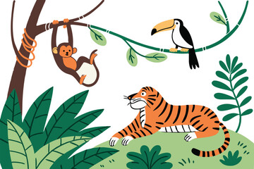Jungle Animals in Habitat Illustration Set with Forest Background and Wild Creatures. Wildlife and Jungle Animals Living in Natural Habitat for Education and Design Use. Hand Drawn Jungle Animals