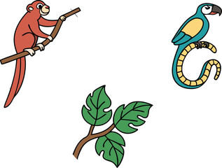 Jungle Animals in Habitat Illustration Set with Forest Background and Wild Creatures. Wildlife and Jungle Animals Living in Natural Habitat for Education and Design Use. Hand Drawn Jungle Animals