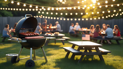 Outdoor summer barbecue gathering with friends and family, under string lights, in a backyard setting.