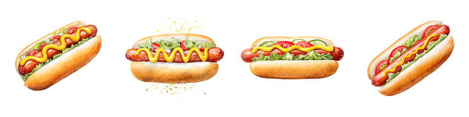 Watercolor Hot Dog Collection: Fast Food Illustration on White