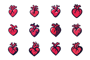 Detailed vector illustrations featuring anatomical heart designs. Rendered in a stylized art format with consistent red tones and bold outlines. Multiple variations of the heart symbol on a clean whit
