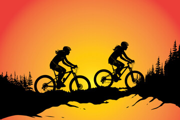 Obraz premium Silhouettes of two mountain bikers riding on a trail at sunset amidst scenic natural surroundings, conveying adventure, fitness, and outdoor exploration.