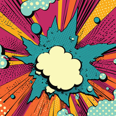 Dynamic and vibrant comic book explosion illustrated in pop art style with bold colors. Perfect for concepts of art, action, excitement, and creative design featuring retro-inspired artwork.