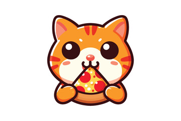 A cheerful, orange tabby cat eating pizza, the crust in its mouth, flat vector art, white background with no shadows