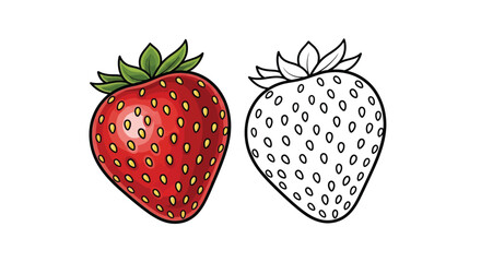 Strawberry Coloring Page with One Realistic and One Outline Design for Kids Learning