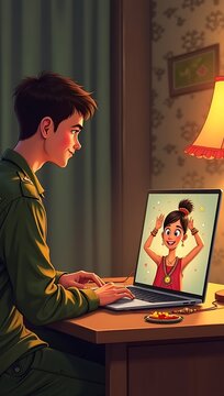 Illustrated scene of a soldier video-calling his sister who shows a Rakhi to the screen, both smiling in split-screen layout.
