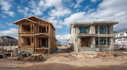 New homes are being constructed in a suburban area with wooden framing and construction tools, set under a sunny sky with exposed structural beams.