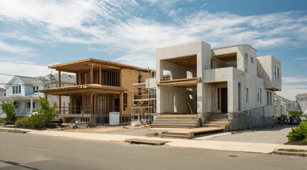 New homes are being constructed in a suburban area with wooden framing and construction tools, set under a sunny sky with exposed structural beams.