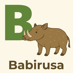 Charming cartoon babirusa beside a large green letter B. Perfect for children's animal ABC flashcards, early education posters, or school material. Isolated and educational design.