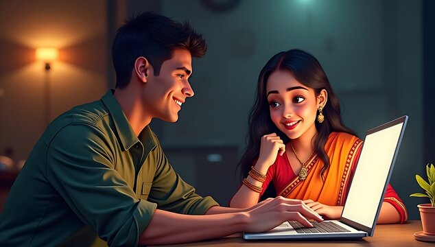 Illustrated scene of a soldier video-calling his sister who shows a Rakhi to the screen, both smiling in split-screen layout.

