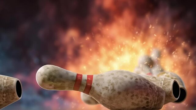 A bowling ball is in the air with three bowling pins behind it. The bowling ball is red and white