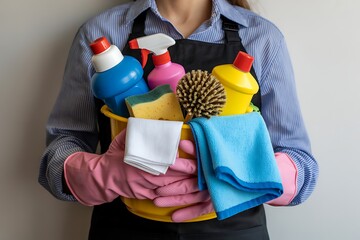 Person wearing pink rubber gloves and a blue striped shirt holding a yellow bucket filled with cleaning supplies including bottles sponges and cloths