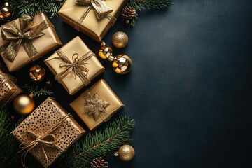 Shiny gold presents surrounded by Christmas baubles and pine branches on dark background, copy space on side