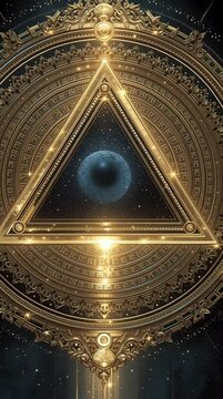 A sacred golden glyph floats in cosmic starlight, its central triangle containing stacked Greek letters while twelve luminous dots form a perfect ring around the perimeter. The vesica piscis eye above