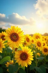Obraz premium Sunflowers Bask in Golden Sunlight A Breathtaking Summer Landscape of Cheerful Yellow Flowers Reaching for the Sky