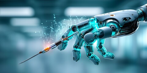 Robotic hand prepares syringe with precision in a futuristic medical interface