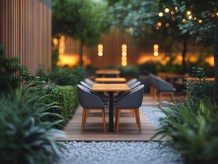 Obraz premium Tranquil Outdoor Patio Restaurant at Night with Wooden Tables and Chairs