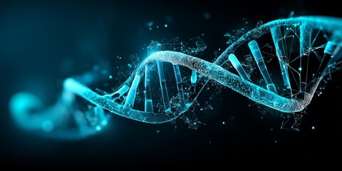 Futuristic wireframe DNA helix structure glowing with digital biotech data