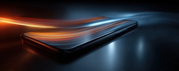 Modern smartphone with abstract neon red and blue light background
