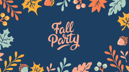 Elegant wide web banner with a 'Fall Party' theme, surrounded by autumn leaves and acorns, ideal for event promotions