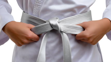 Close-up of karate belt being tied around the waist, visible fabric texture and hand movement, isolated on white, high-resolution