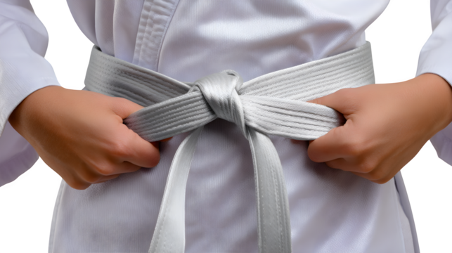 Close-up of karate belt being tied around the waist, visible fabric texture and hand movement, isolated on white, high-resolution