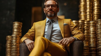 Wealthy man in golden suit sitting amongst stacks of gold coins