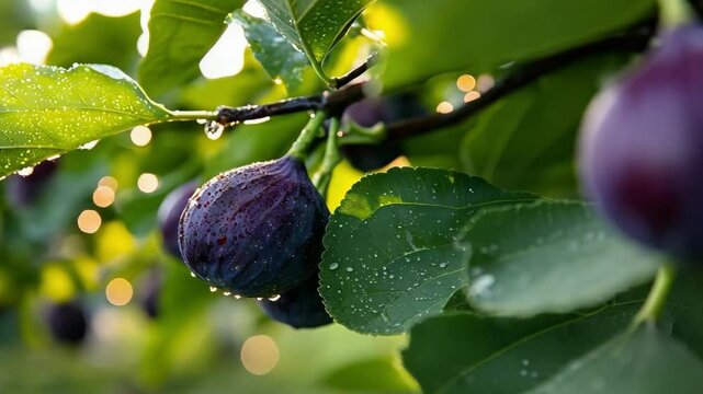 A close-up of ripe figs on a branch, surrounded by green leaves, glistening with water droplets in soft natural light.