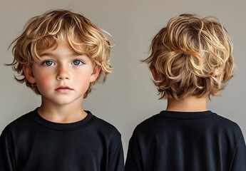 Front and Back Views of Child with Wavy Blonde Hair on Gray

