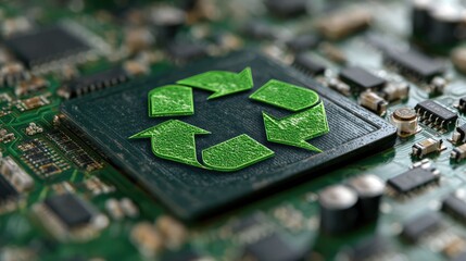 Eco-Friendly Technology: A close-up shot showcases a circuit board adorned with the universally recognized recycling symbol, a powerful visual testament to sustainable technology.
