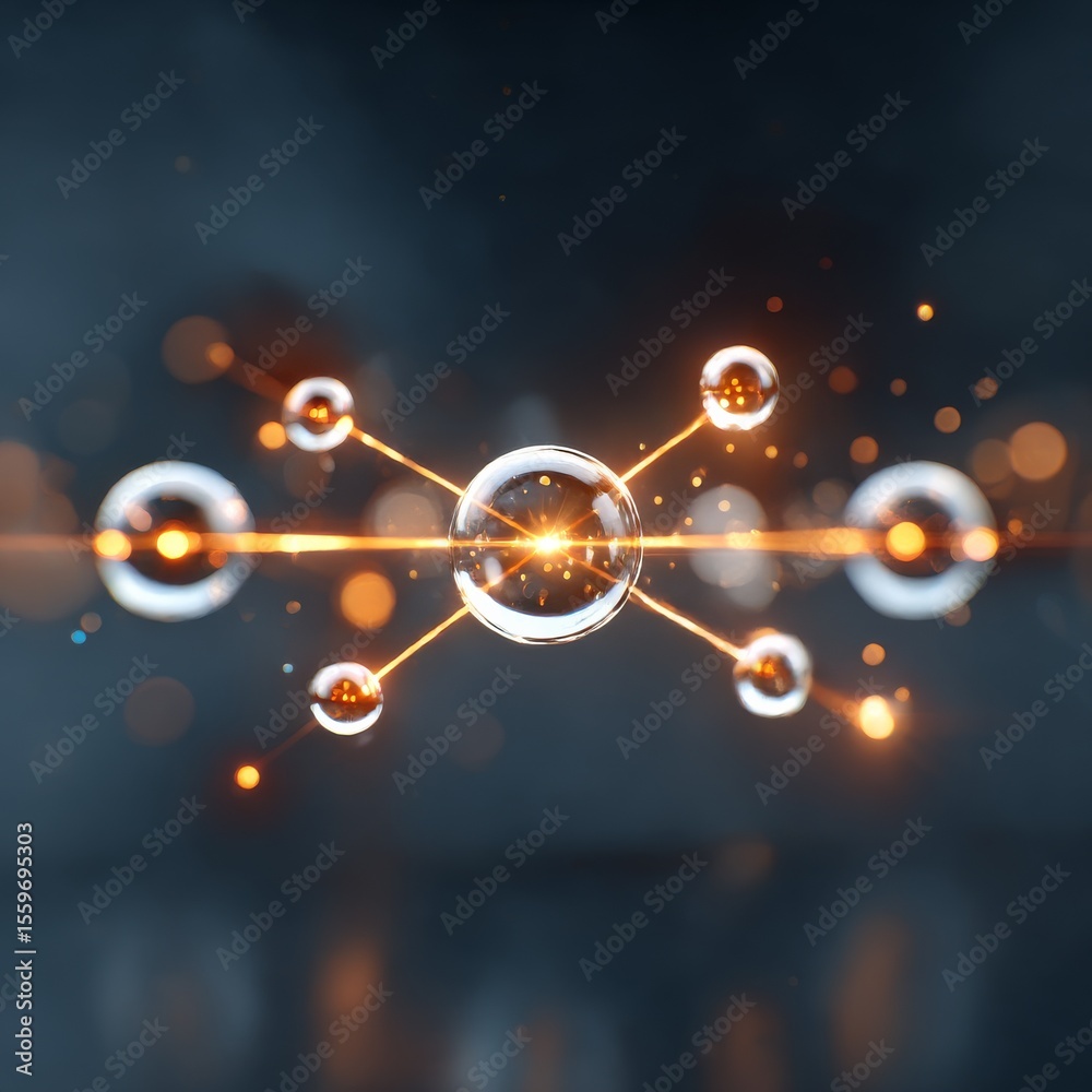 Poster abstract atom structure: molecular connections with light effects on a dark background