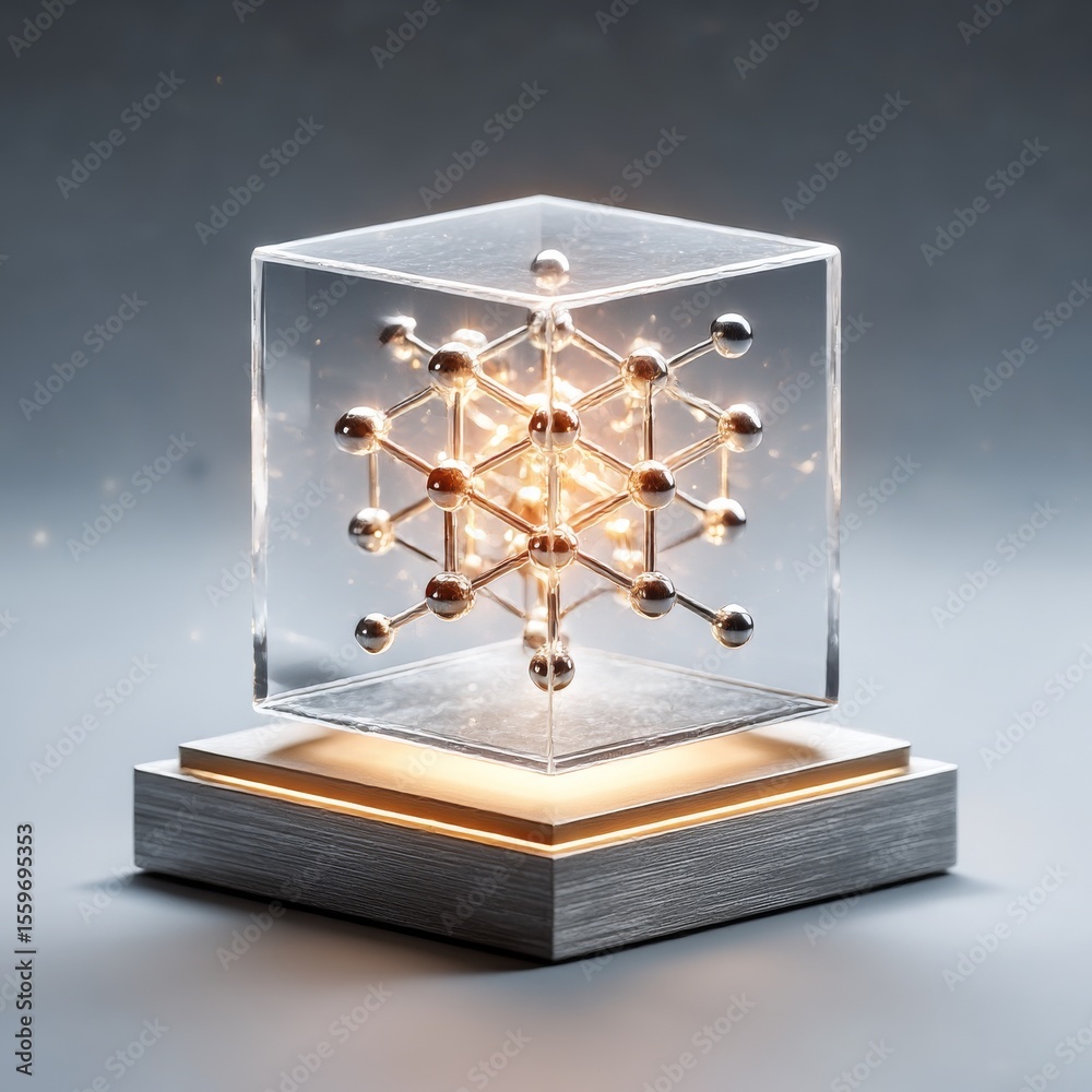 Poster Abstract Atomic Structure in Glass Cube on Illuminated Base, Representing Scientific Innovation