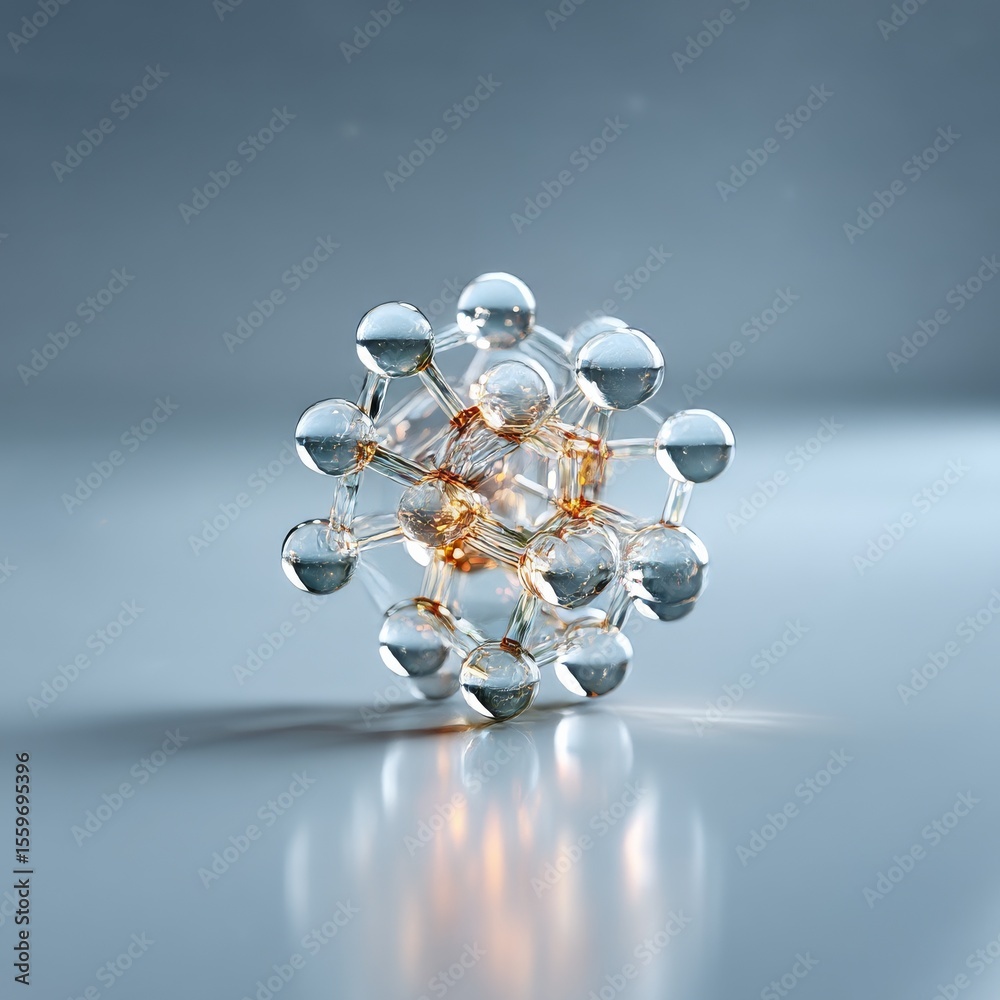 Poster Abstract Glass Molecule Structure with Golden Reflections, Scientific Visualization on a Soft Blue Background