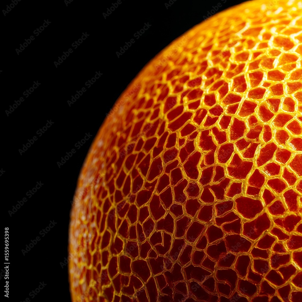 Poster Abstract Close-Up of an Orange Sphere with a Geometric Pattern, Isolated on a Black Background, Illuminating the Surface Details