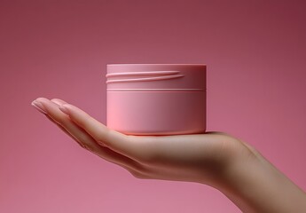 Hand Holding Pink Round Container on Monochrome Background

