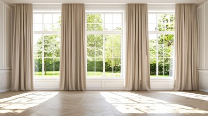 Fototapeta premium Bright Minimalist Room with Large Windows and Elegant Curtains