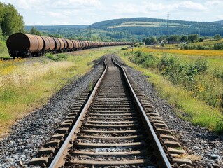 Obraz premium Scenic Railroad Tracks with Long Freight Train of Oil Tankers in Rural Landscape
