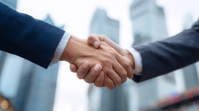 Business partners finalize a deal with a handshake in the city, symbolizing agreement and cooperation on their shared endeavor.