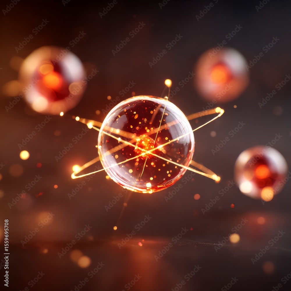 Poster Atomic Structure: Red and Gold Spheres with Electron Orbitals Glowing in a Dark Background